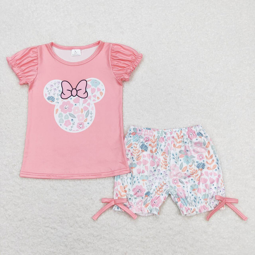 Baby Girls Pink Short Sleeve Floral Mouse Shirt Top Shorts Clothes Sets