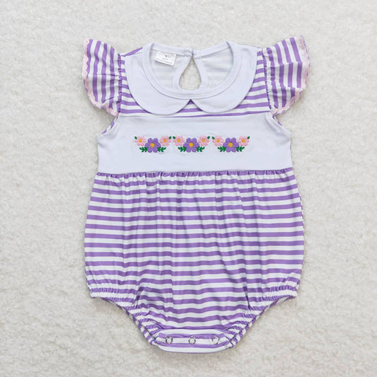 Baby Infant Girls Purple Stripes Flowers Flutter Sleeve Rompers