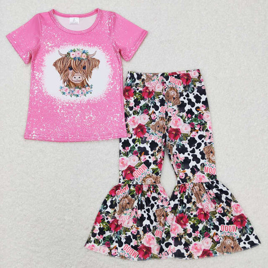 Baby Girls Flowers Highland Cow Shirt Bell Bottom Pants Clothes Sets