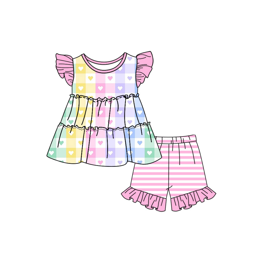 Baby Girls Pink Colorful Hearts Tunic Top Ruffle Shorts Clothes Sets preorder(moq 5)