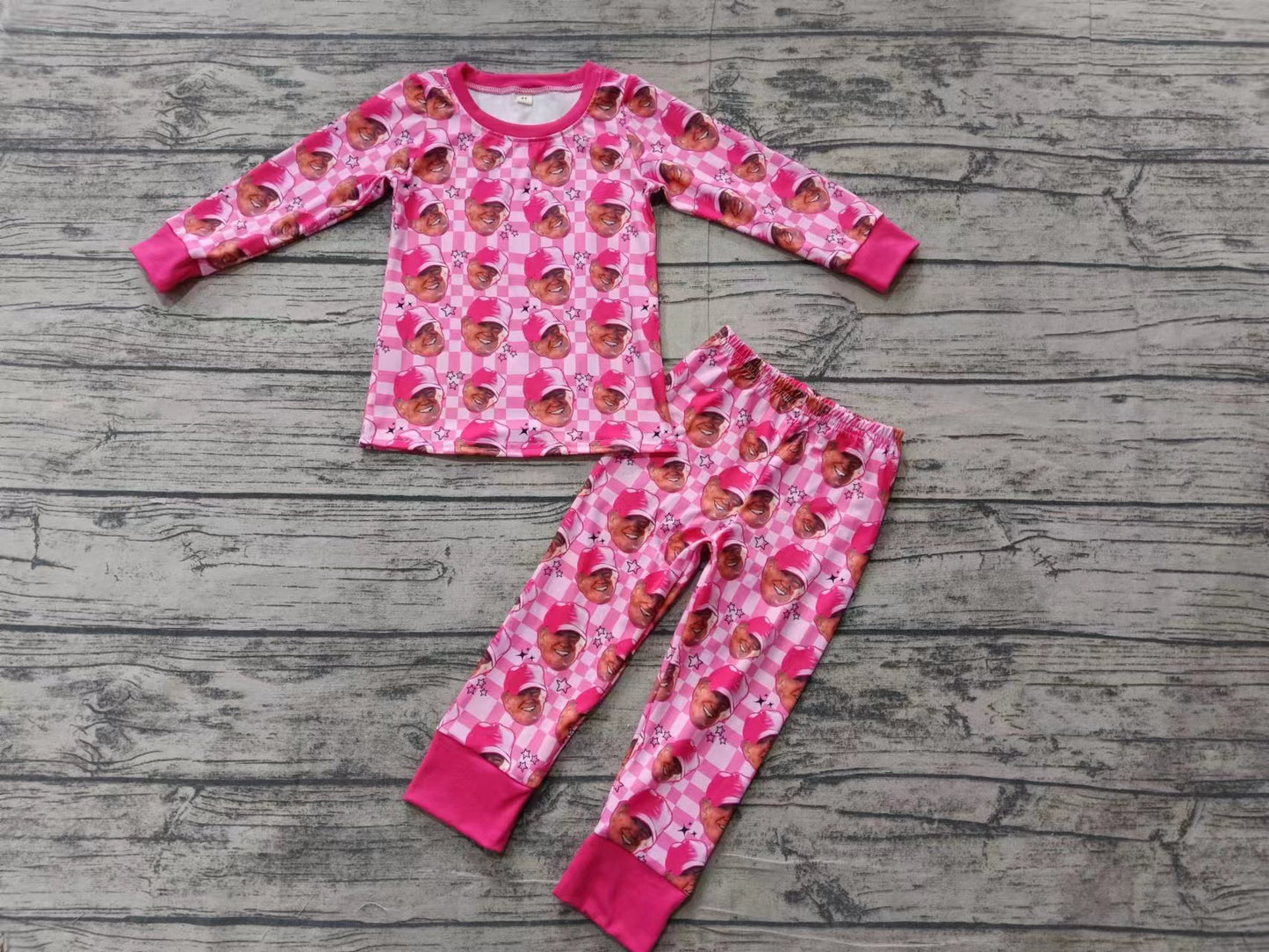 Preorder (moq 5)Baby Girls Trumps Pink Checkered Top Pants Pajamas Clothes Sets