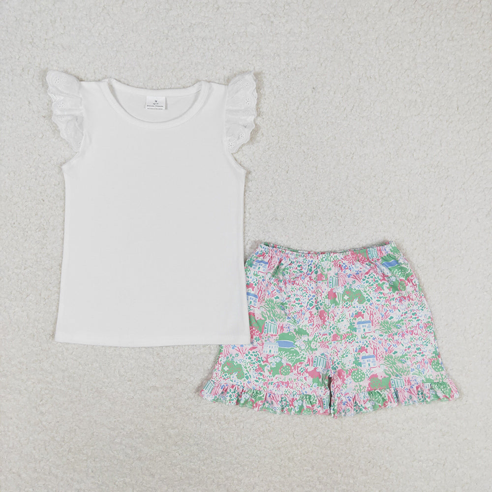 Baby Girls White Flutter Tee Shirt Ruffle House Grass Shorts Clothes Sets