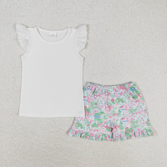 Baby Girls White Flutter Tee Shirt Ruffle House Grass Shorts Clothes Sets