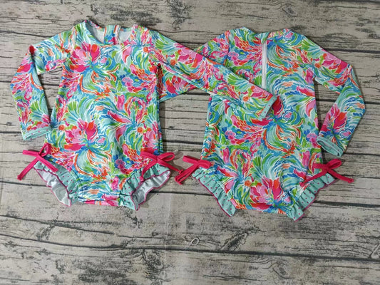 Baby Girls Long Sleeve Water Flowers Bows One Piece Swimsuits Preorder(moq 5)