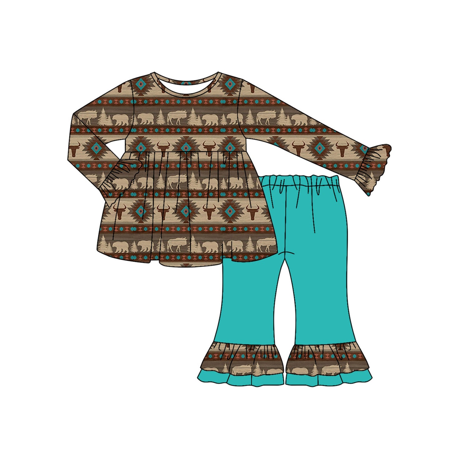 Preorder (moq 5)Baby Girls Long Ruffle Sleeves Bull Skull Aztec Stripes Tunic Flare Pants Set