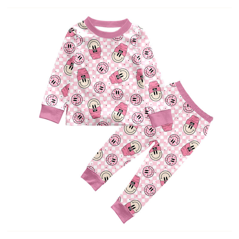 Baby Girls Smile Pink Checkered Shirts Pants Pajamas Valentines Clothes Sets preorder(moq 5)