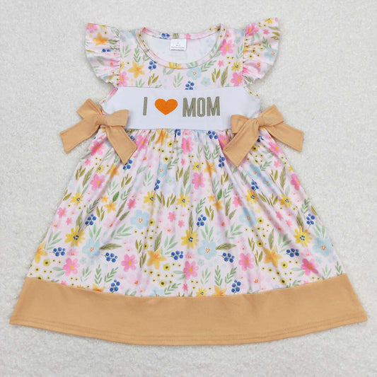 Baby Girls I Love Mom Floral Bow Ruffle Knee Length Dresses