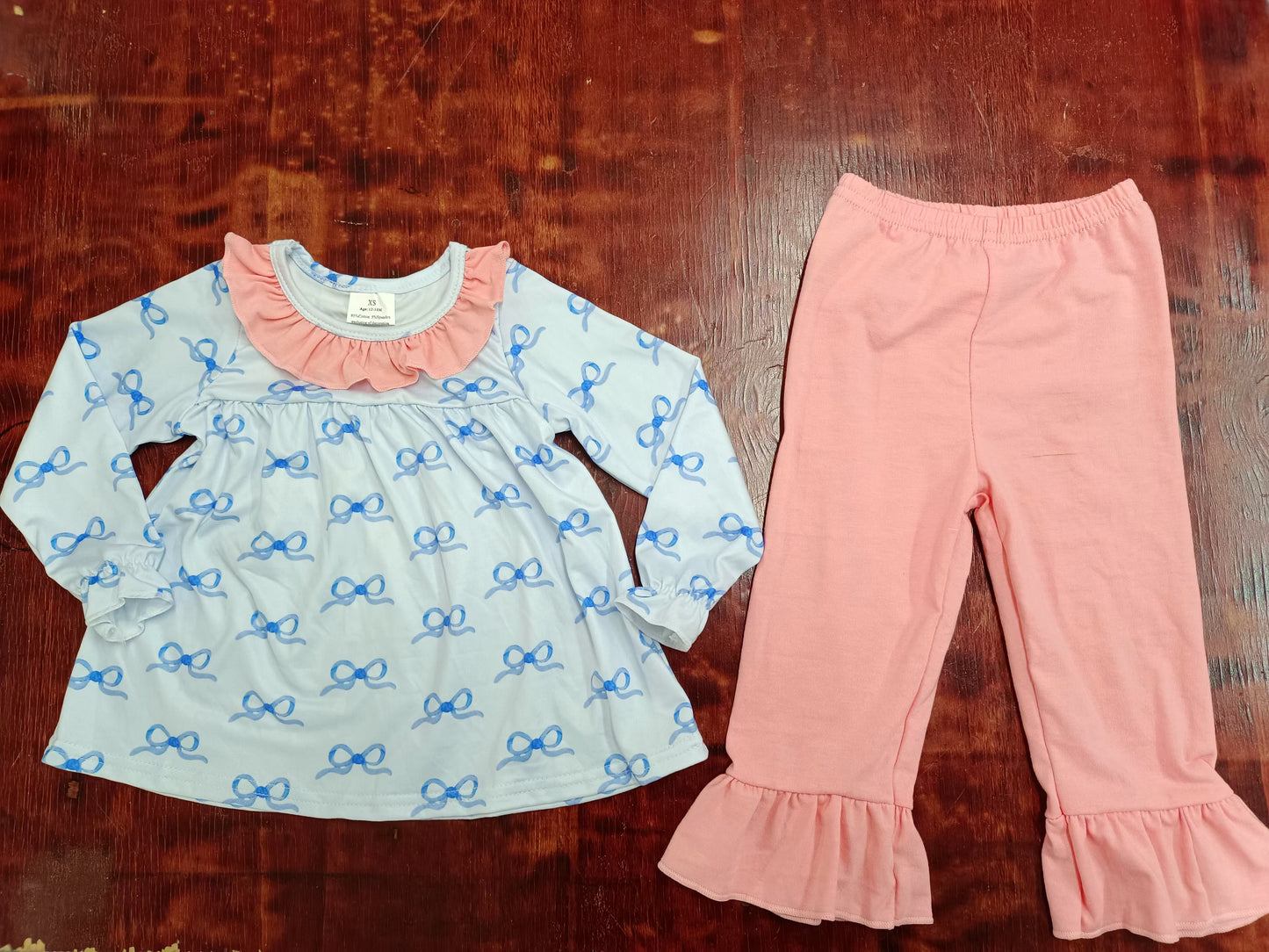Preorder (moq 5)Baby Girls Blue Bows Spring Tunic Ruffle Pants Outfits Clothes Sets