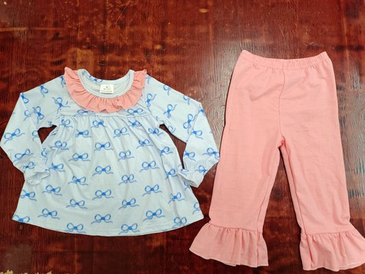 Preorder (moq 5)Baby Girls Blue Bows Spring Tunic Ruffle Pants Outfits Clothes Sets