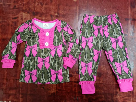 Preorder (moq 5)Baby Girls Camo Bows Shirt Pants Pajamas Outfits Clothes Sets