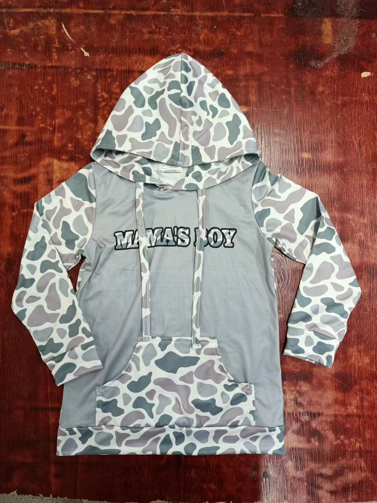 Preorder (moq 5)Baby Boys Mama's Boy Grey Camo Hooded Cardigan Tops