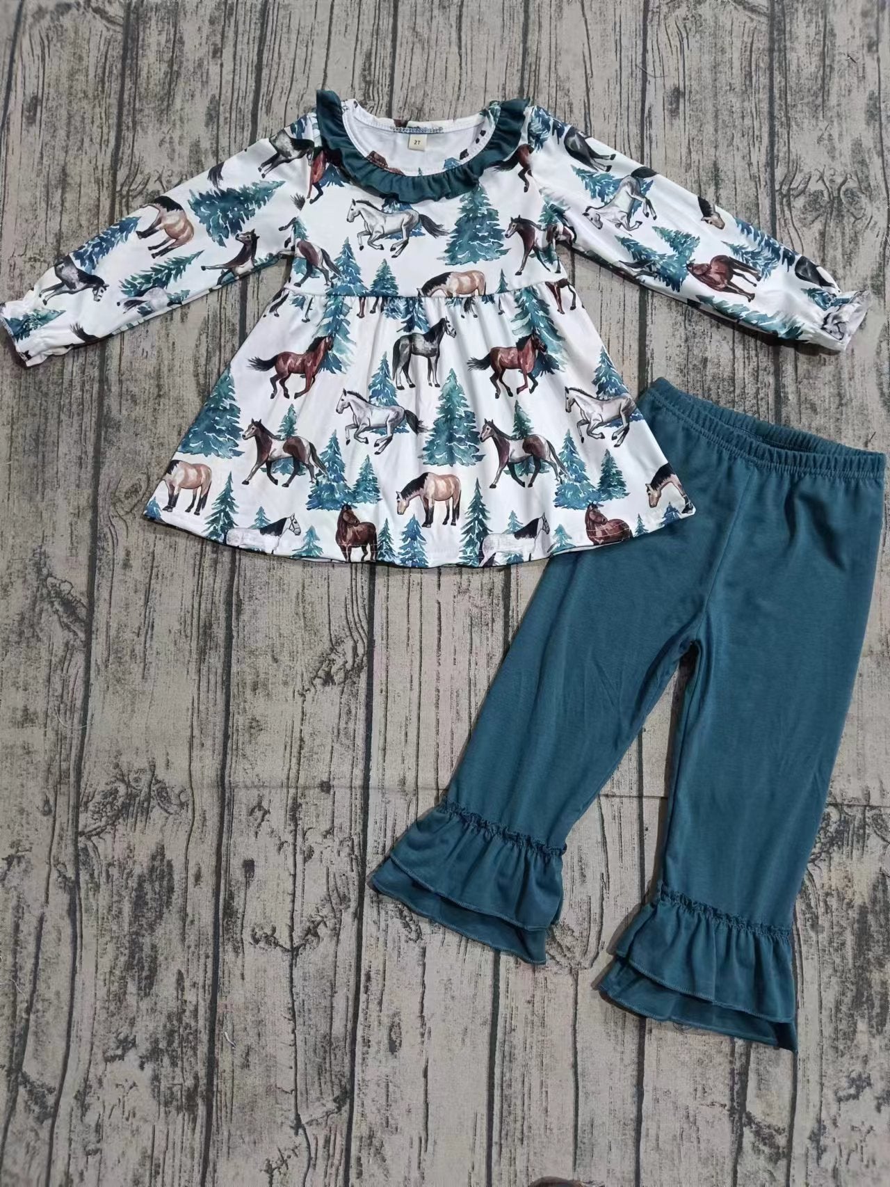Preorder (moq 5)Baby Girls Western Horse Tunic Ruffle Pants Outfits Clothes Sets