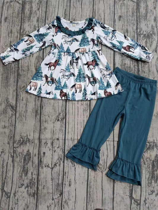 Preorder (moq 5)Baby Girls Western Horse Tunic Ruffle Pants Outfits Clothes Sets