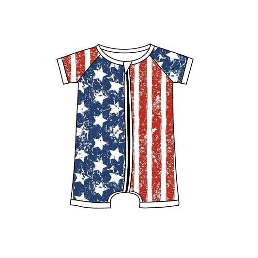 Baby Girls 4th of July Stars Stripes Short Sleeve Zip Rompers preorder(moq 5)