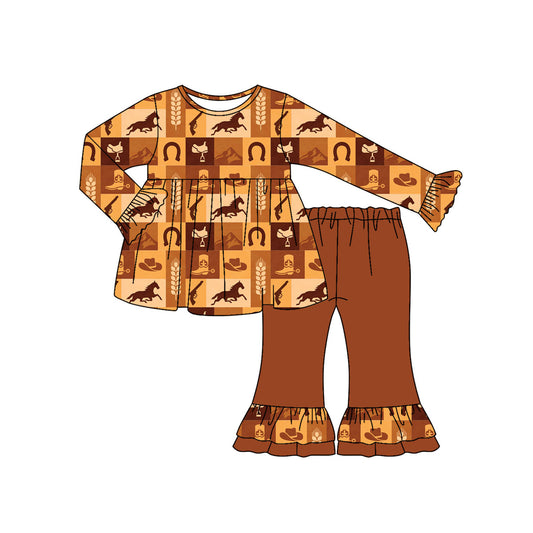 Preorder (moq 5)Baby Girls Long Ruffle Sleeves Horses Boots Hunting Tunic Flare Pants Set