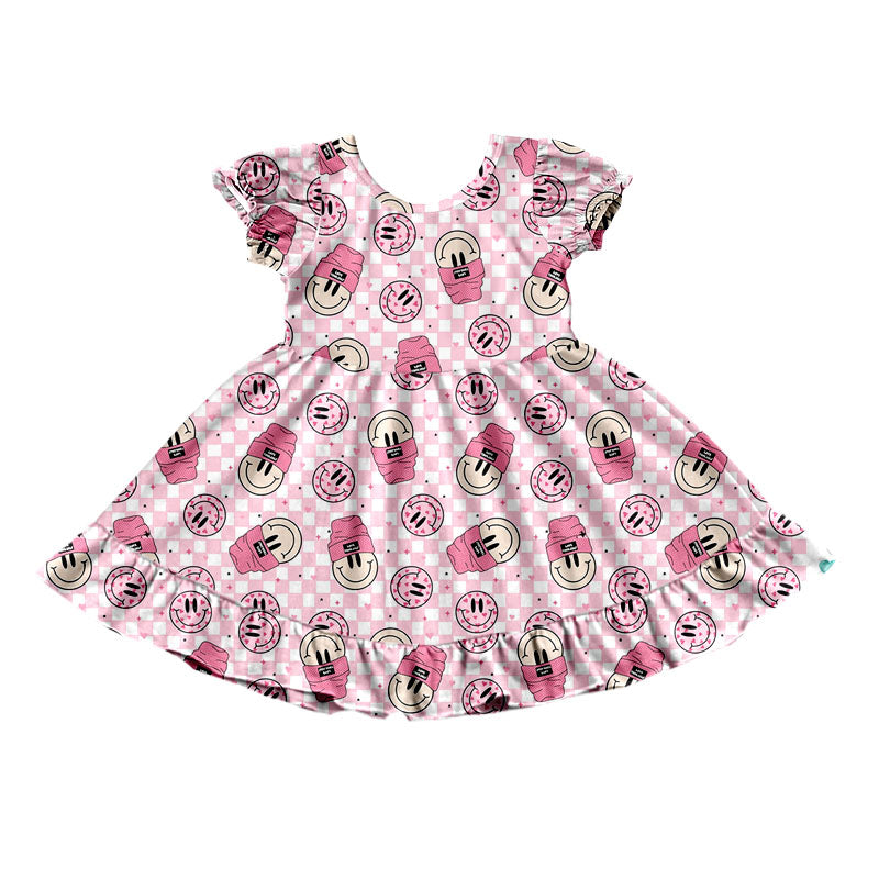 Baby Girls Smile Pink Checkered Valentines Short Sleeve Dresses preorder(moq 5)