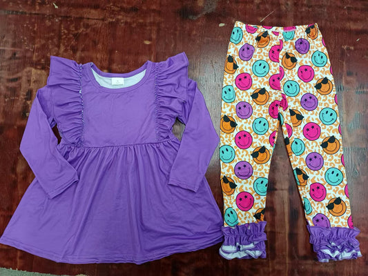 Preorder (moq 5)Baby Girls Purple Spring Tunic Icing Ruffle Leopard Legging Outfits Clothes Sets