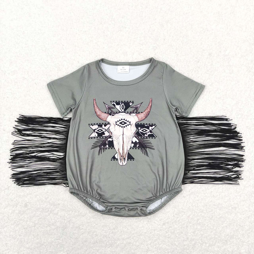 Baby Infant Girls Tassel Green Cow Skull Western Short Sleeve Rompers