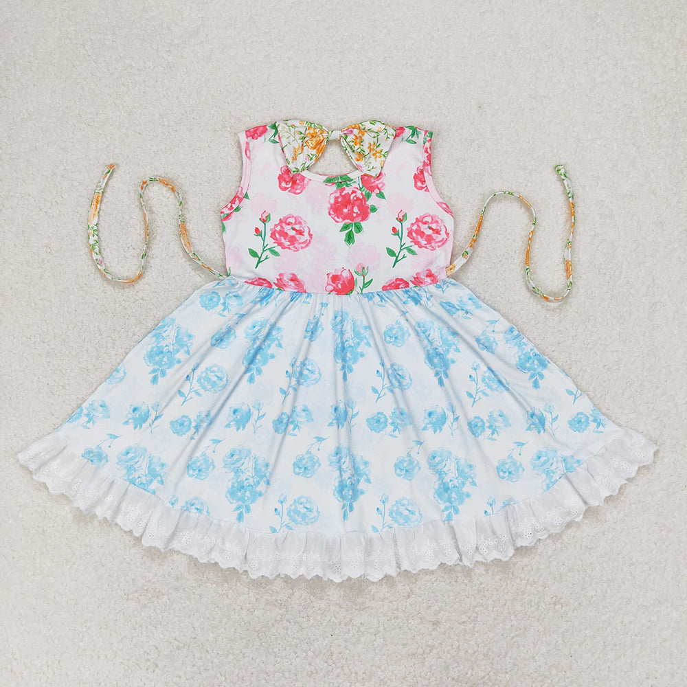 Baby Girls Pink Flowers Blue Belt Floral Ruffle Knee Length Dresses