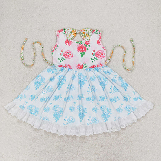 Baby Girls Pink Flowers Blue Belt Floral Ruffle Knee Length Dresses