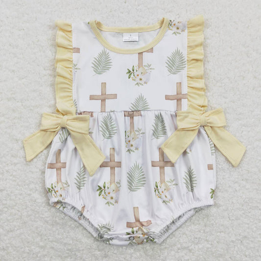 Baby Infant Girls Easter Cross Sleeveless Bow Rompers
