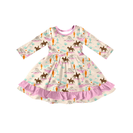 Preorder (moq 5)Baby Girls Long Sleeves Horse Rodeos Cactus Ruffle Knee Length Dresses