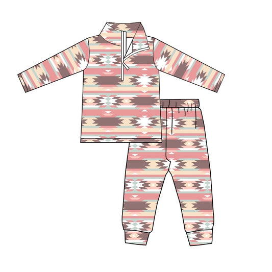 Baby Boys Western Pink Aztec Zip Pullover Tee Pants Clothes Sets preorder(moq 5)
