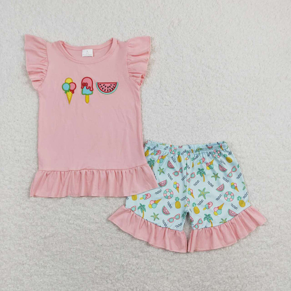 Baby Girls Summer Watermelon Popstick Shirt Ruffle Shorts Outfits Clothes Sets