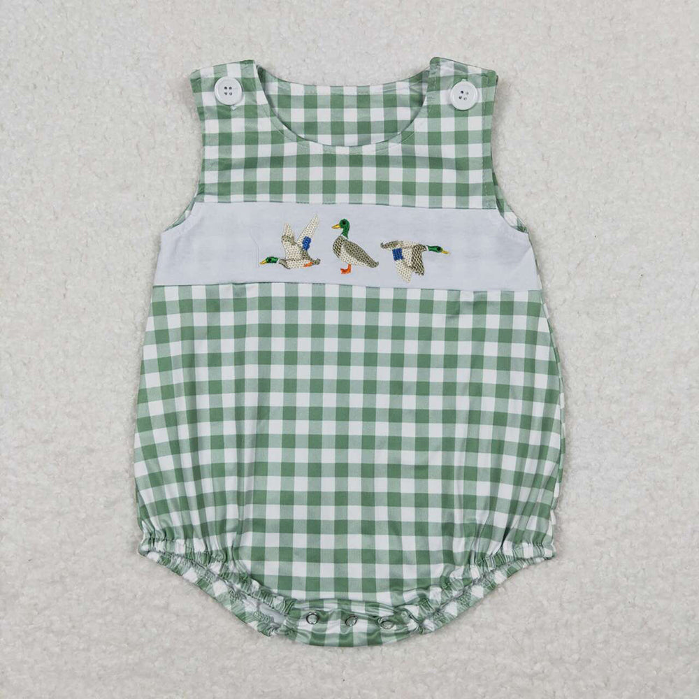 Baby Infant Boys Green Checkered Duck Sleeveless Rompers