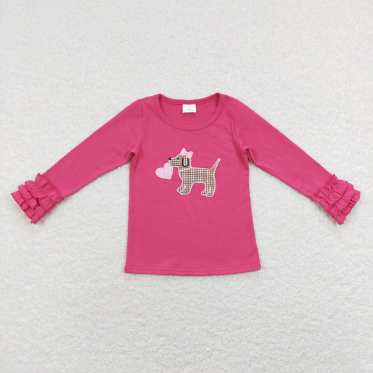 Baby Girls Long Sleeve Hotpink Valentines Dogs Hearts Tee Shirt Tops