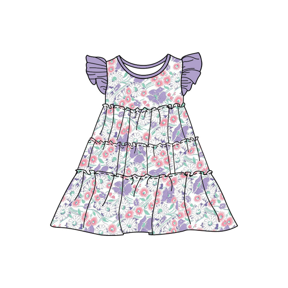 Baby Girls Spring Purple Flowers Flutter Sleeve Knee Length Dresses preorder(moq 5)