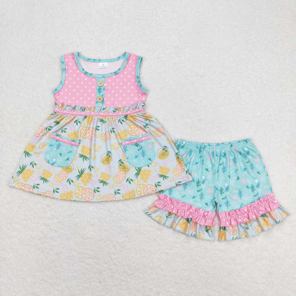 Baby Girls Lemon Sleeveless Tunic Tops Ruffle Shorts Clothes Sets