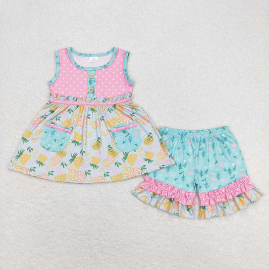 Baby Girls Lemon Sleeveless Tunic Tops Ruffle Shorts Clothes Sets