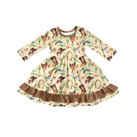 Preorder (moq 5)Baby Girls Long Sleeves Boots Hats Hunting Ruffle Knee Length Dresses