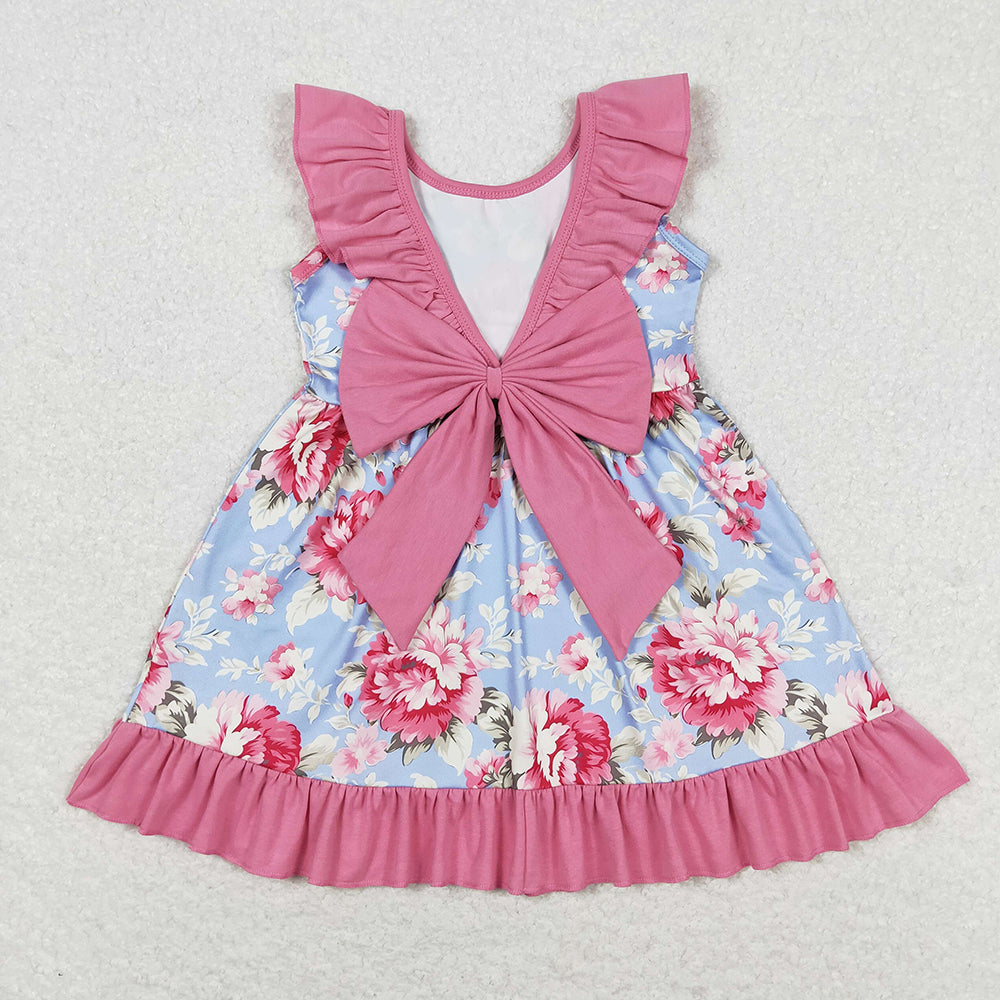 Baby Girls Pink Blue Flowers Bow Back Knee Length Dresses