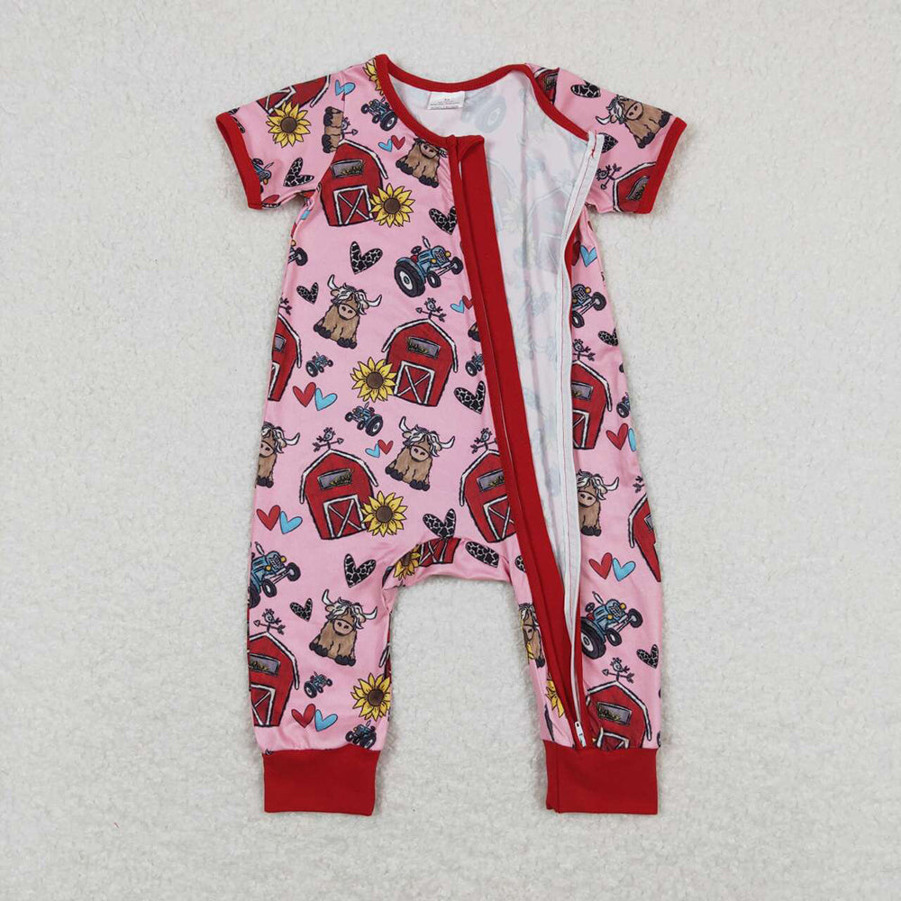 Baby Infant Girls Farm Highland Cow Zip Rompers