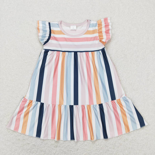 Baby Girls Spring Colorful Stripes Flutter Sleeve Ruffle Knee Length Dresses