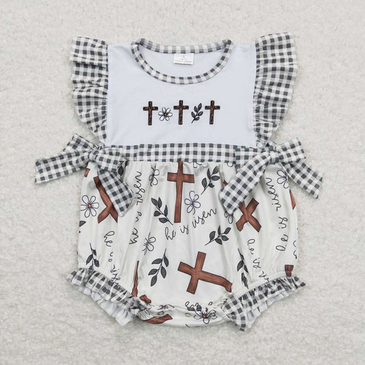 Baby Infant Girls Flutter Sleeve Ruffle Easter Cross Rompers