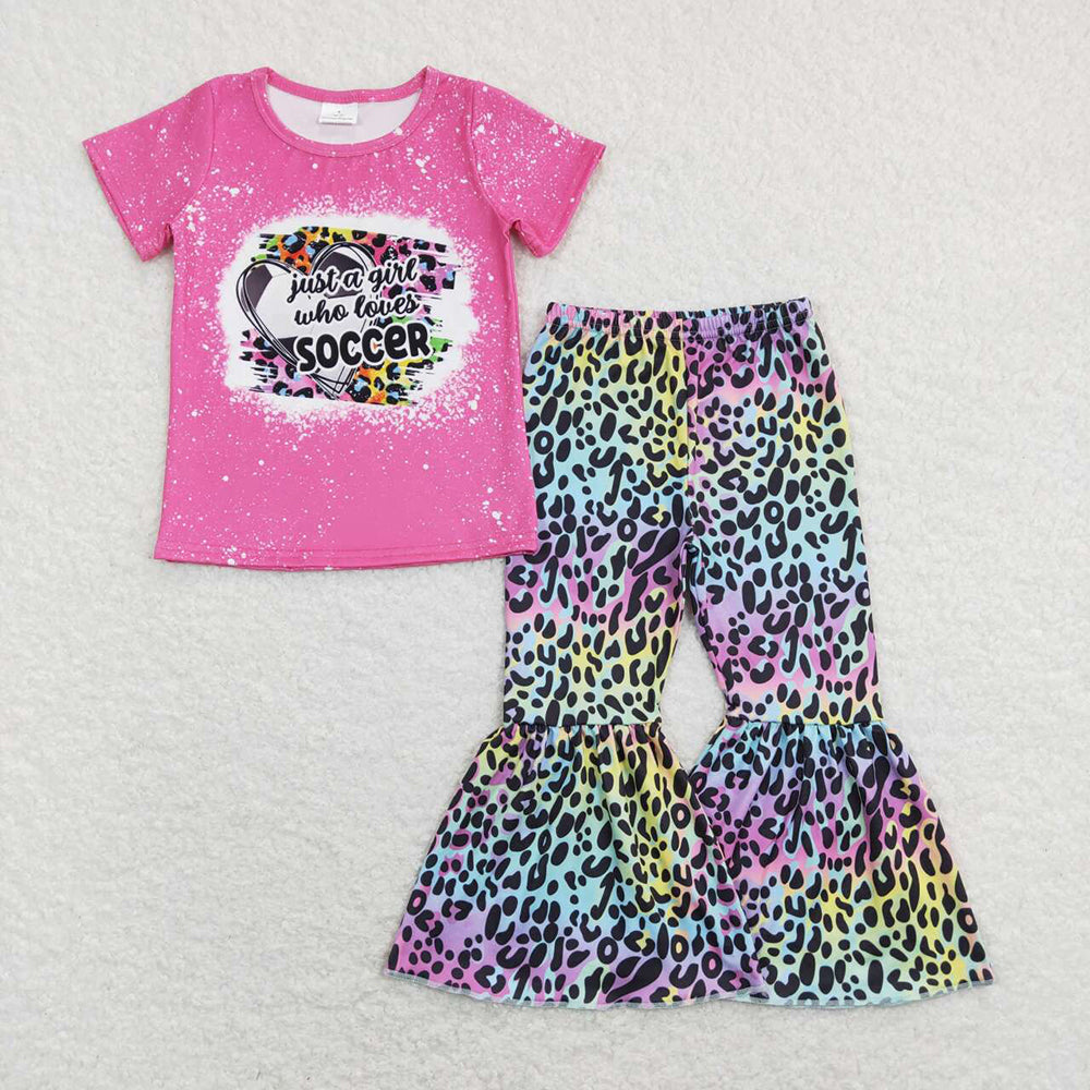 Baby Girls Just A Girl Who Loves Soccer Shirts Top Leopard Bell Pants Clothes Sets