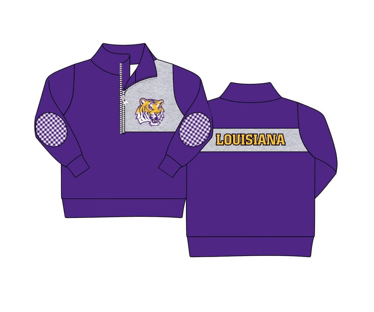 Preorder Baby Boys Purple Chekered LSU Team Tigers Long Sleeve Pullover Tops
