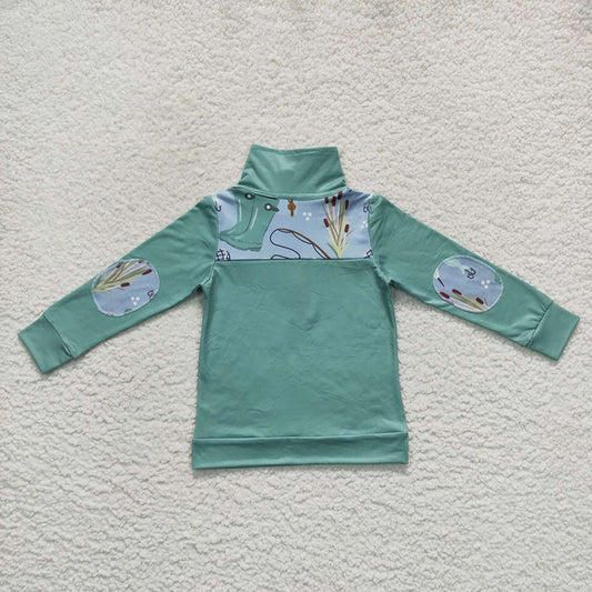 Baby Boys Green Fishing Patchwork Long Sleeve Zip Pullover Tops