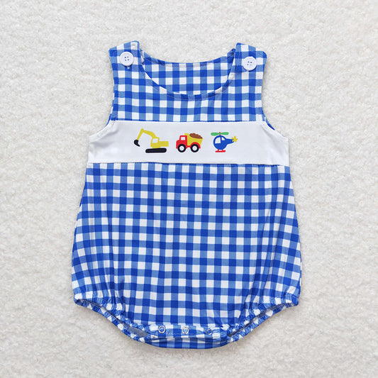 Baby Infant Boys Blue Checkered Constructions Rompers