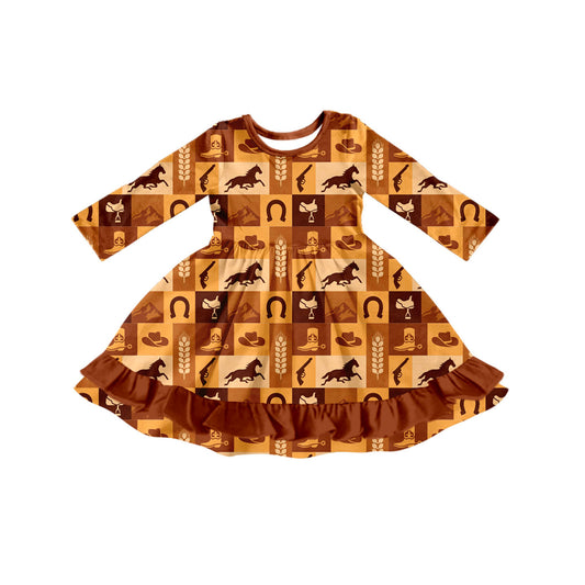 Preorder (moq 5)Baby Girls Long Sleeves Horses Boots Hunting Ruffle Knee Length Dresses