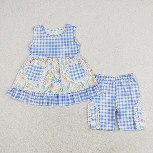 Baby Girls Blue Flowers Checkered Pocket Tunic Legging Clothes Sets