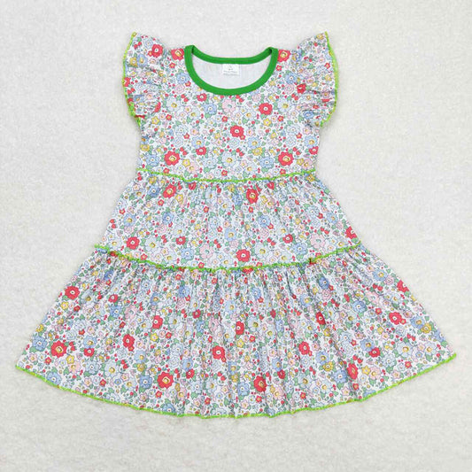 Baby Girls Green Flowers Flutter Sleeve Knee Length Dresses