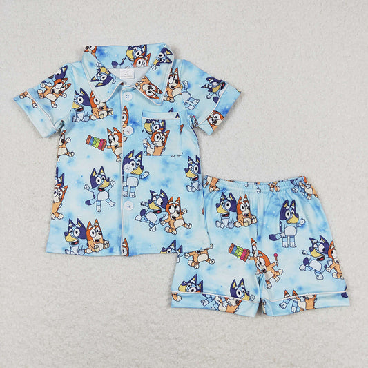 Baby Girls Boys Dogs Blue Buttons Shirt Shorts Pajamas Clothes Sets