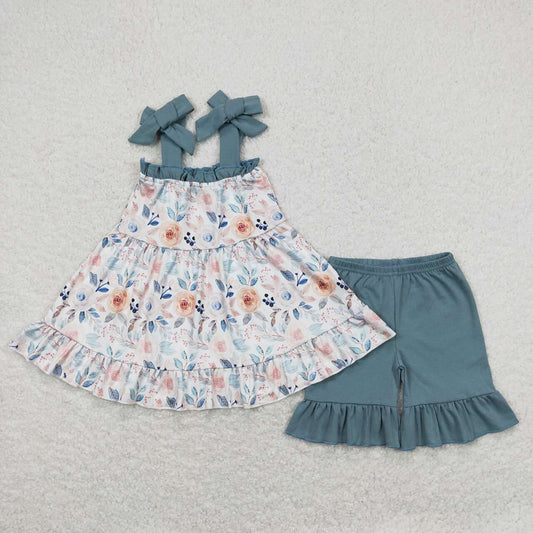 Baby Girls Dark Blue Flowers Straps Tunic Top Ruffle Shorts Clothes Sets