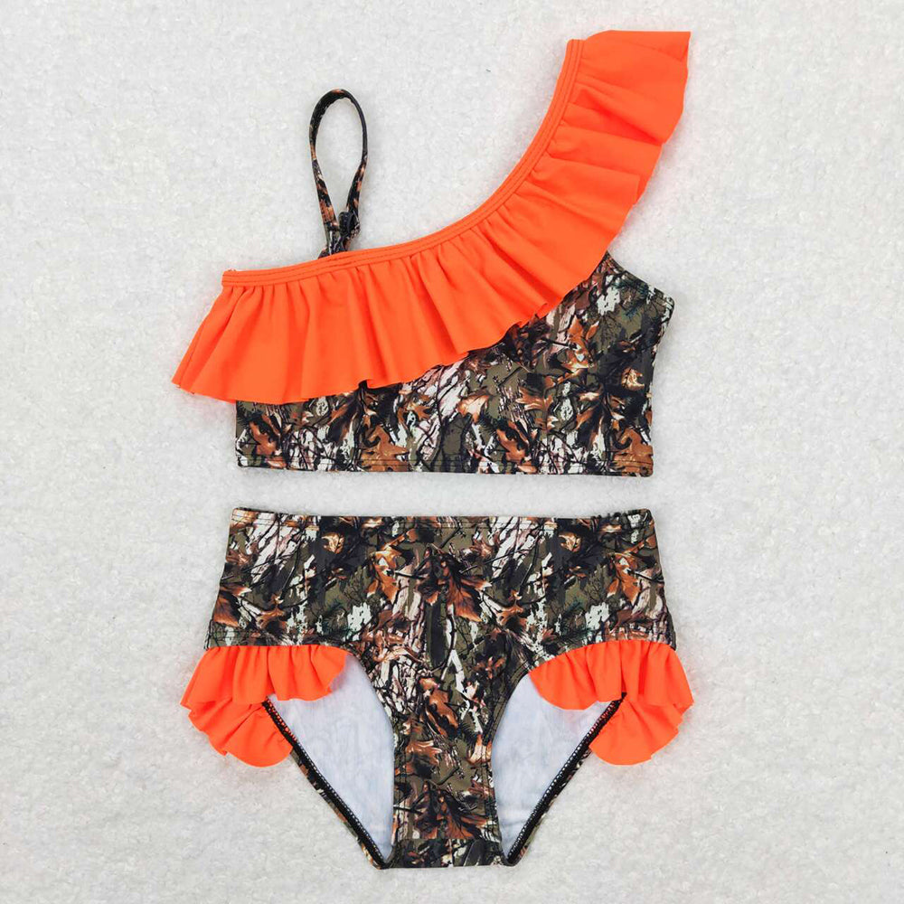 Baby Girls Summer Camo Orange Ruffle Two Pieces Swimsuits