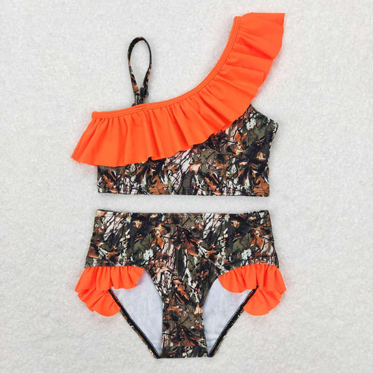 Baby Girls Summer Camo Orange Ruffle Two Pieces Swimsuits