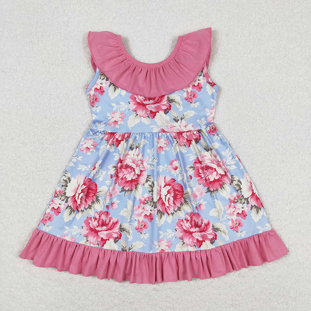 Baby Girls Pink Blue Flowers Bow Back Knee Length Dresses